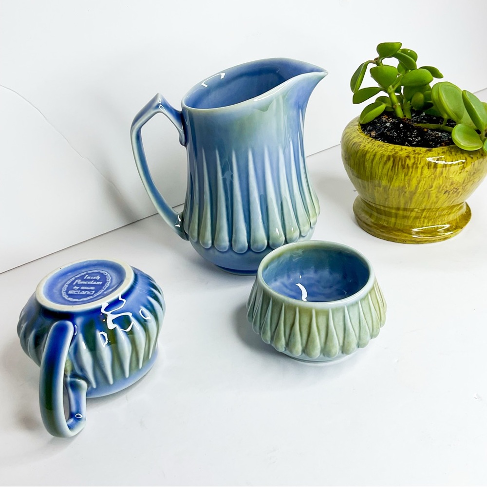 VINTAGE Irish Ceramic Pottery Tea Set – Blue & Green Glaze with Creamer & Sugar - Picture 6 of 7